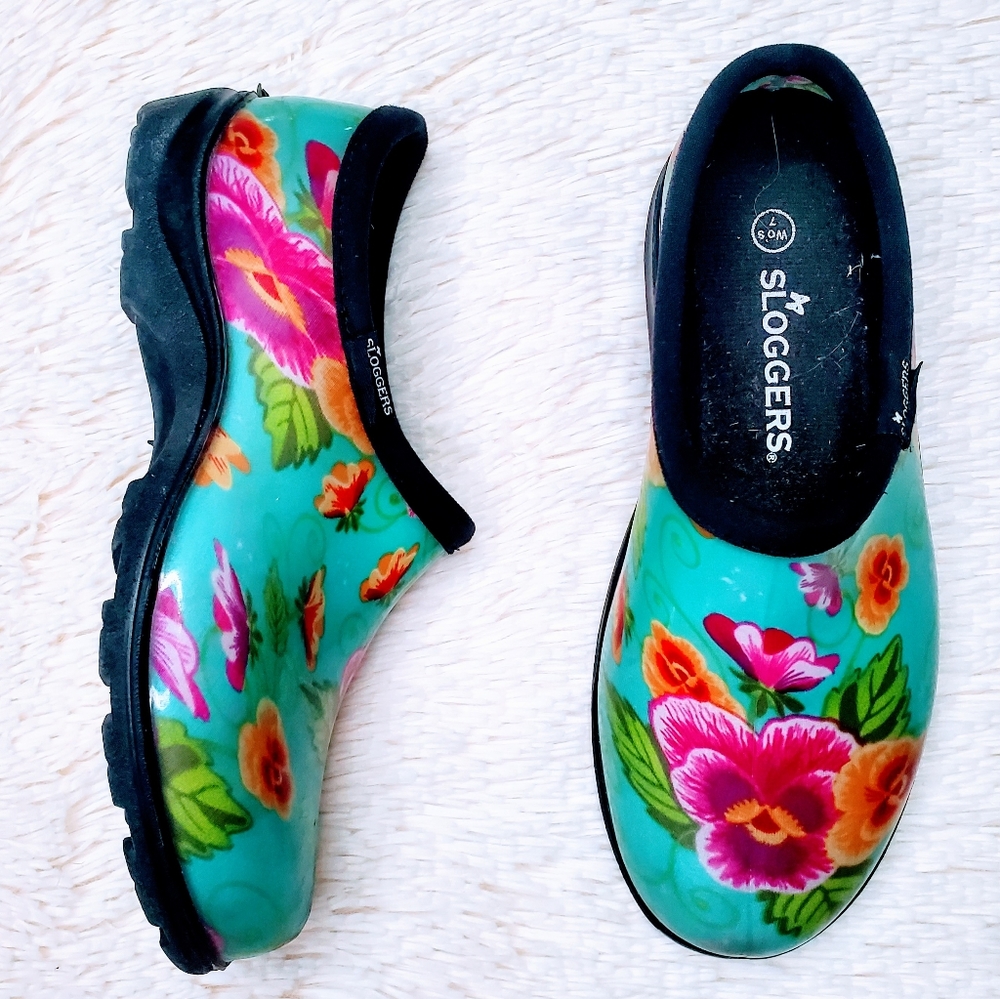 《Sloggers》Teal Pansy Print Rain and Garden Shoes